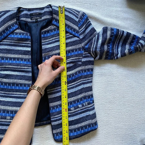 RW&Co Striped Tweed Blue Striped Open Front Cropped Blazer Jacket Size 2 - Picture 12 of 13